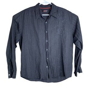 Cortigo Black Linen & Rayon Floral Embroidered Button-Up Shirt XL Long Sleeve Li